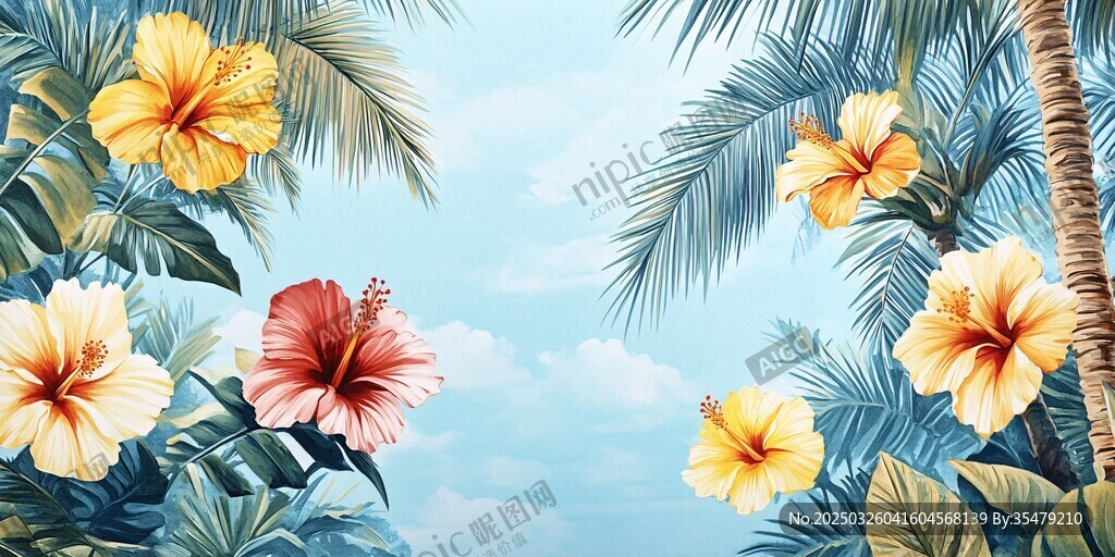 夏日熱帶花卉與棕櫚景觀