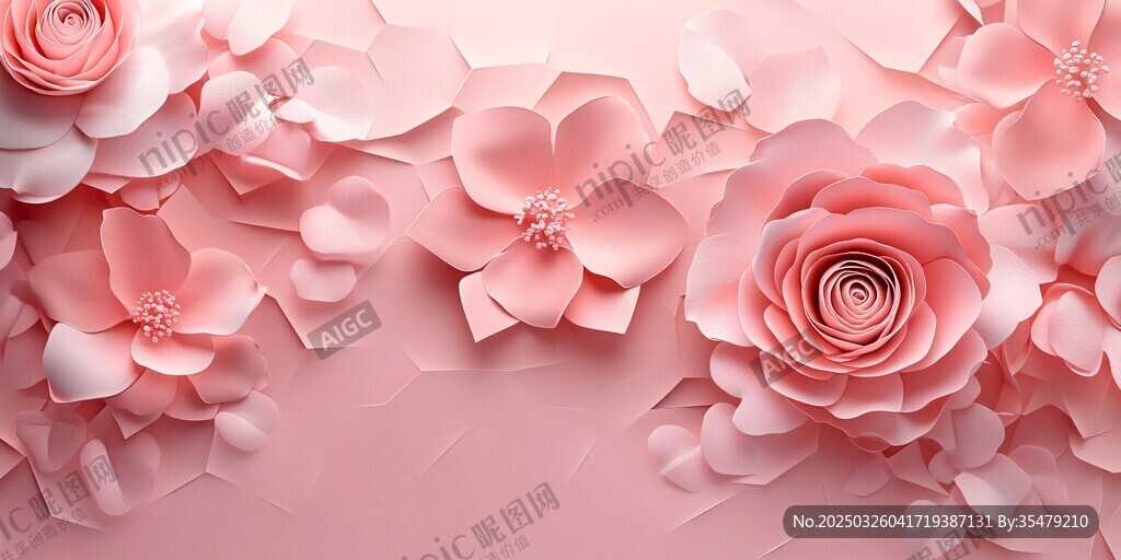 粉色紙藝花卉浪漫背景圖