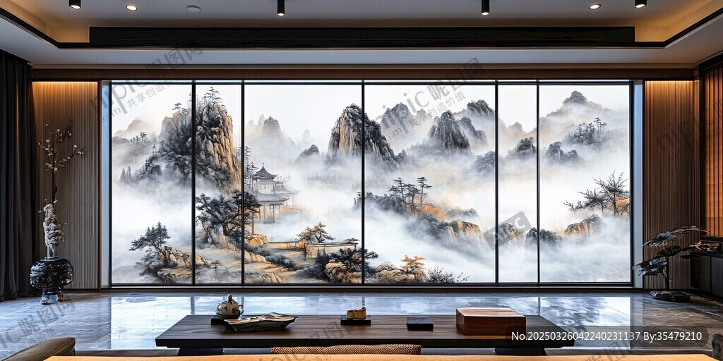 中式客廳巨幅山水壁畫之美
