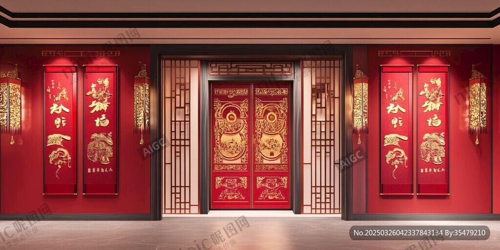 中式喜慶紅金裝飾門場景