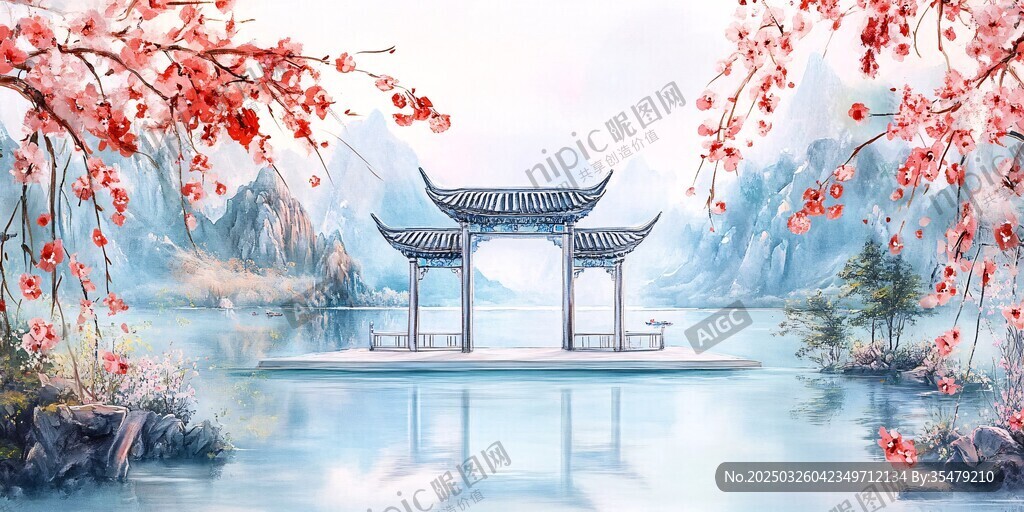 湖畔亭閣映繁花美景