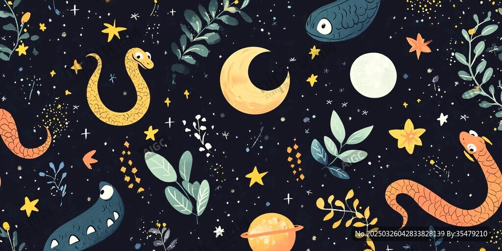 夢幻夜空中的蛇與星月夜景