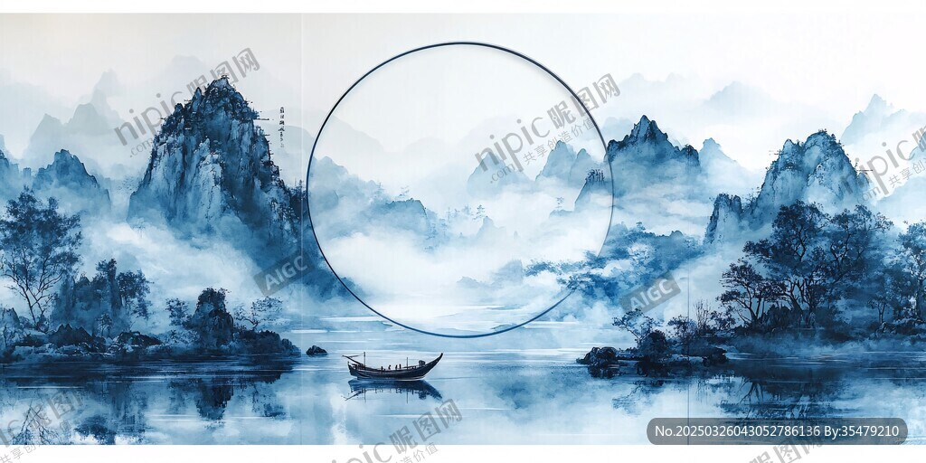 水墨山水間的孤舟意境
