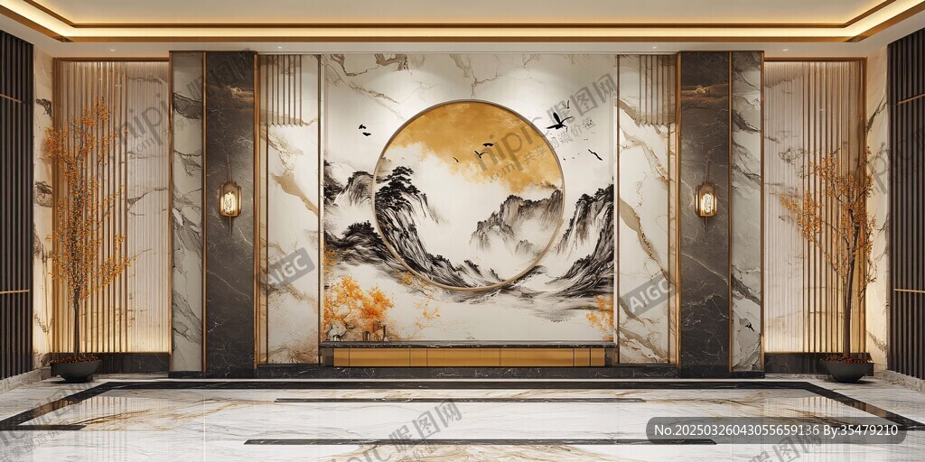 中式山水風(fēng)奢華大廳背景墻