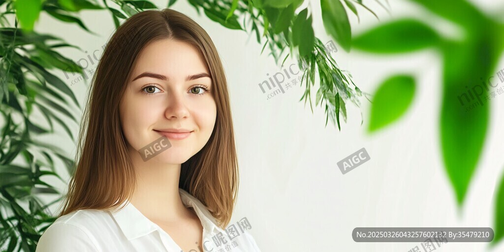 微笑女子與綠植背景