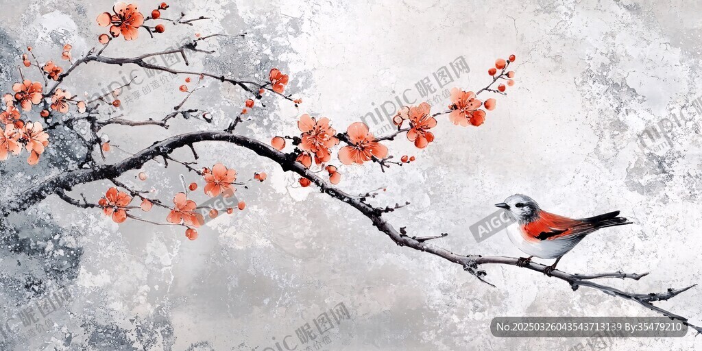 紅梅枝頭鳥棲景