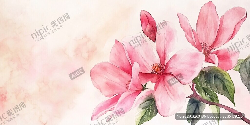 粉色玉蘭花水彩畫