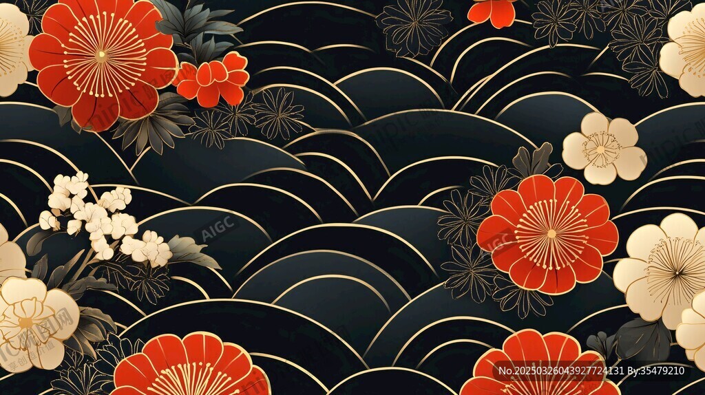 日式和風花卉海浪紋圖案