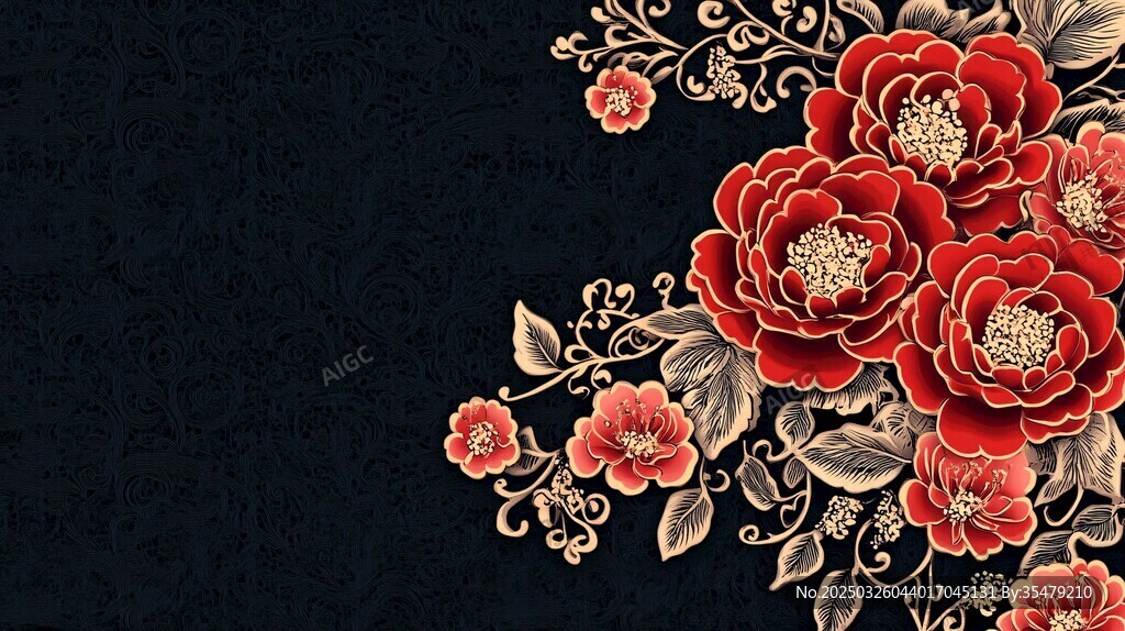 中式紅牡丹黑金背景圖案
