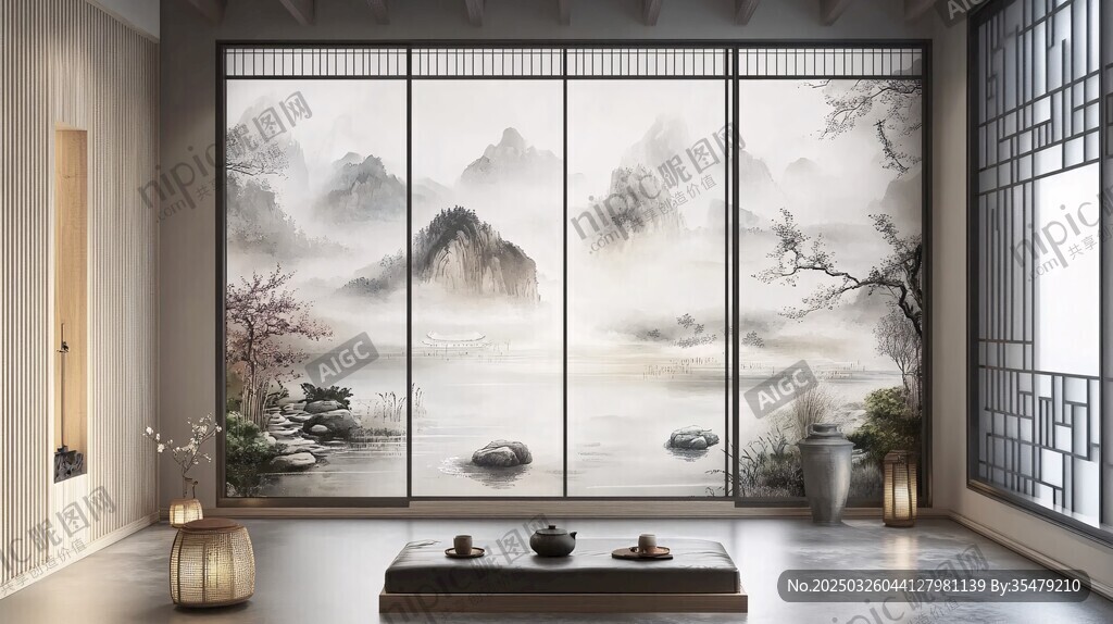 中式禪意茶室山水屏風美