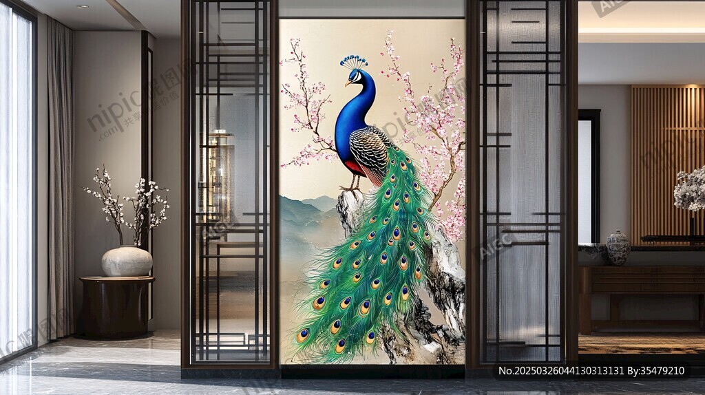 中式玄關處的孔雀精美畫作