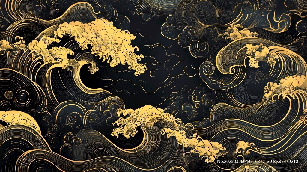 黑金風格海浪中式藝術圖案