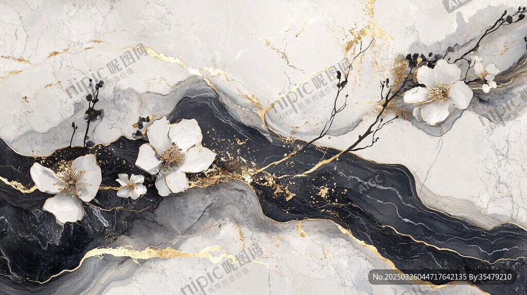 水墨繁花大理石紋背景墻