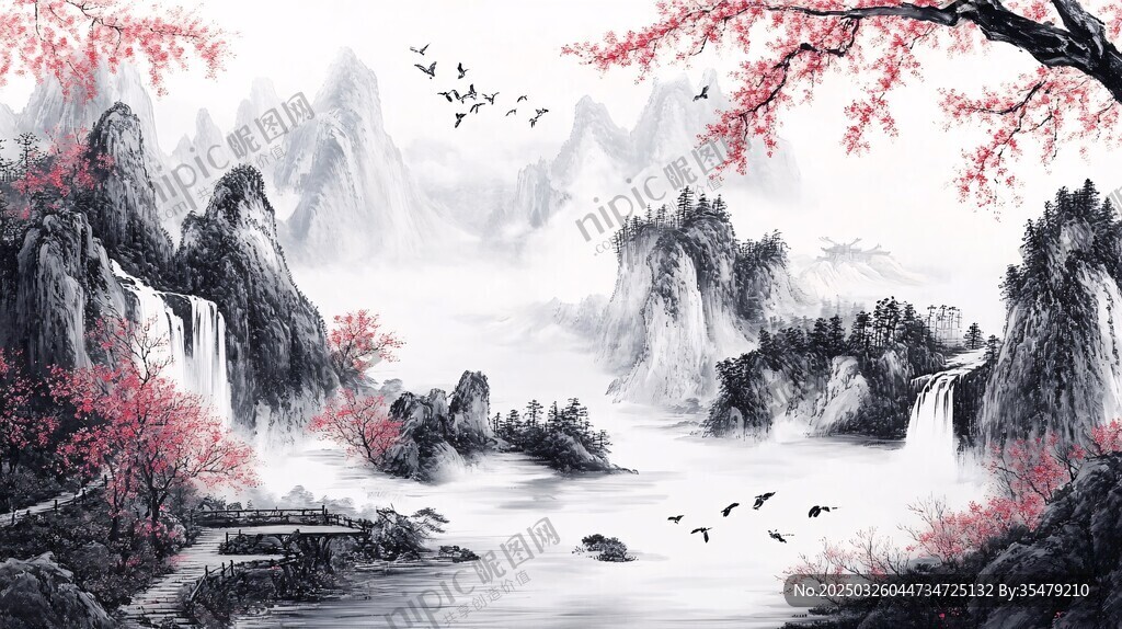 水墨山水間 紅梅映飛鳥