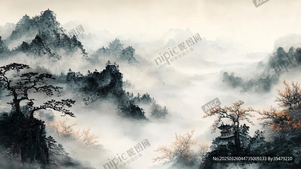 水墨群山云霧繚繞之景