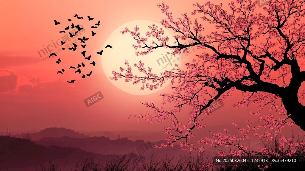 夕陽下飛鳥與繁花之樹