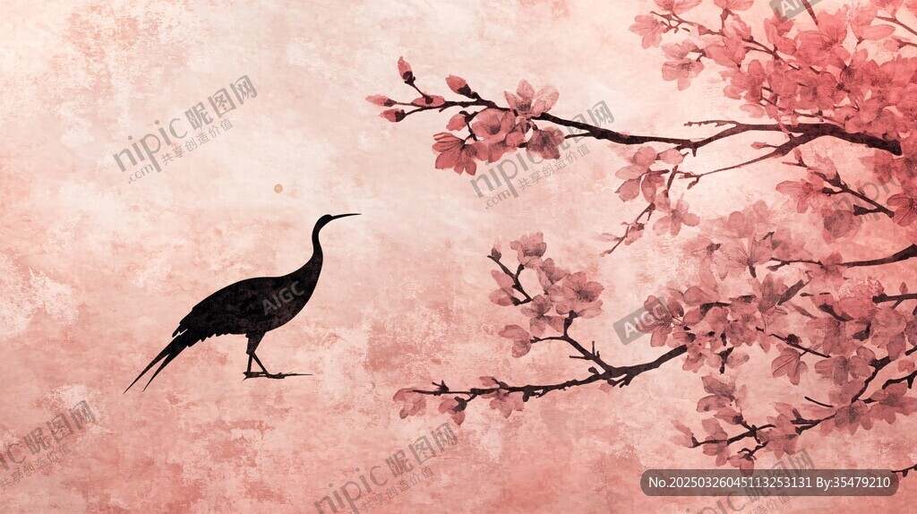 粉櫻旁的優雅黑鶴