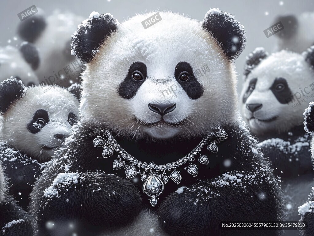 戴珠寶的熊貓家族雪中萌態