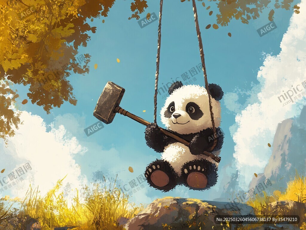 熊貓蕩秋千持斧悠然時(shí)光