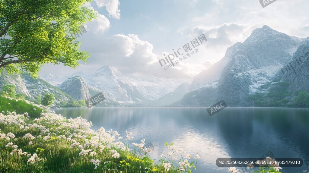 湖畔青山繁花自然風光圖