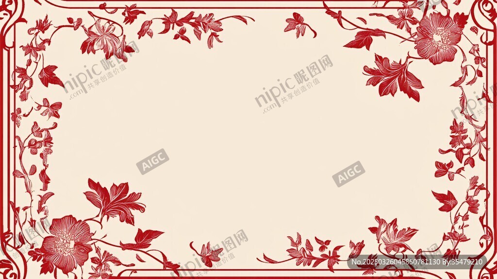 中式紅花紋邊框裝飾圖