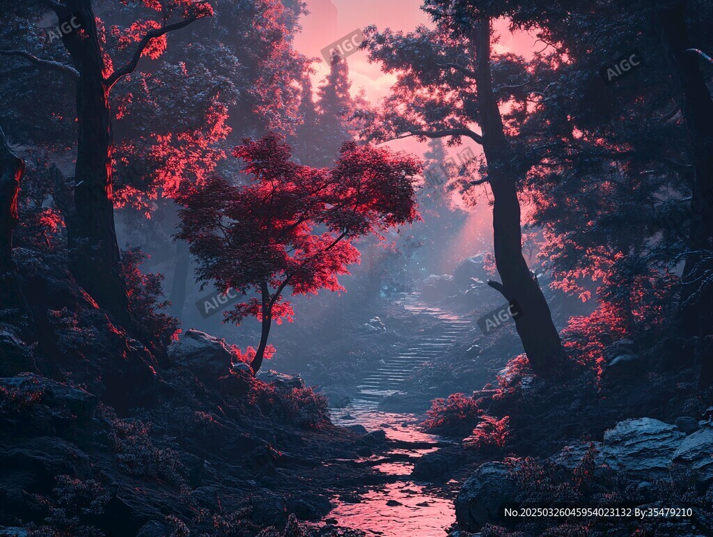 夢幻緋紅森林溪流景觀