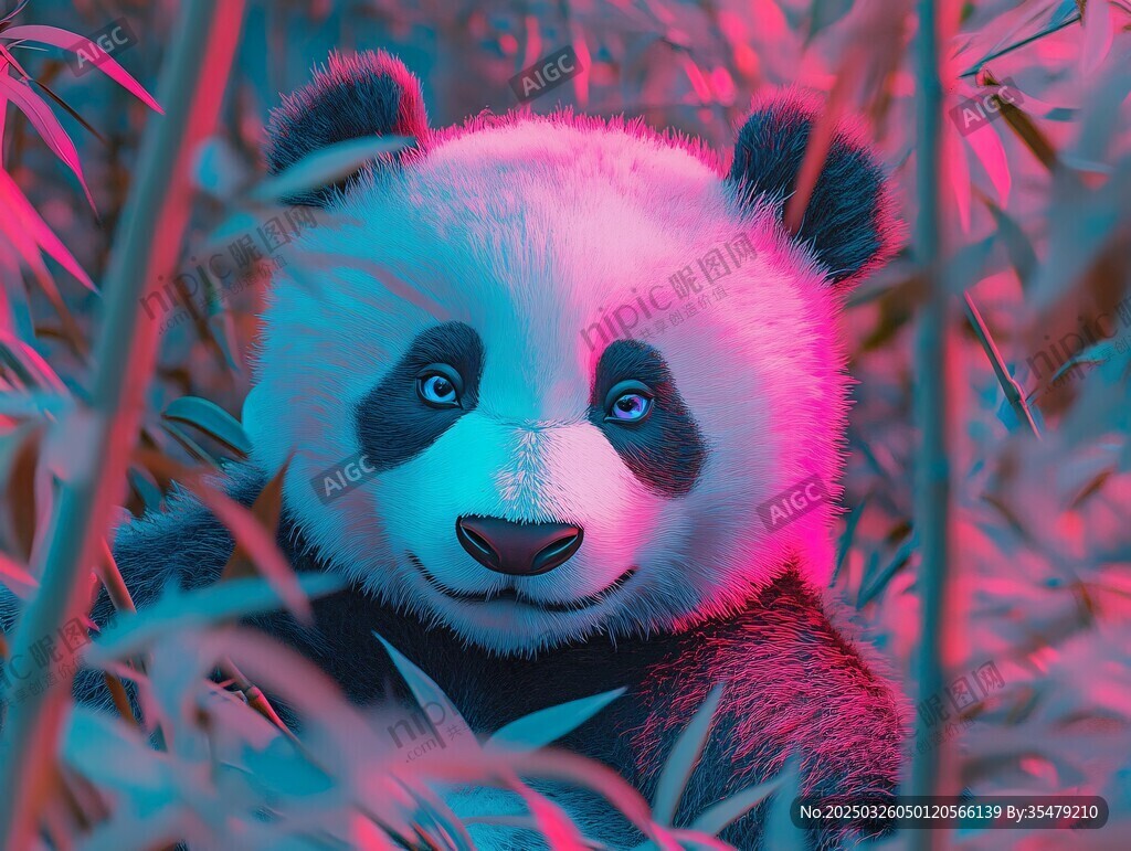 夢(mèng)幻霓虹熊貓置身竹林