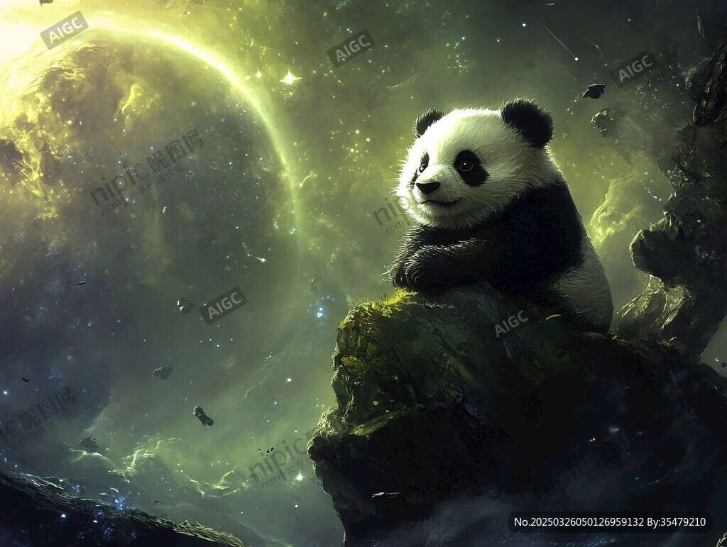 熊貓坐于星際中的巖石上