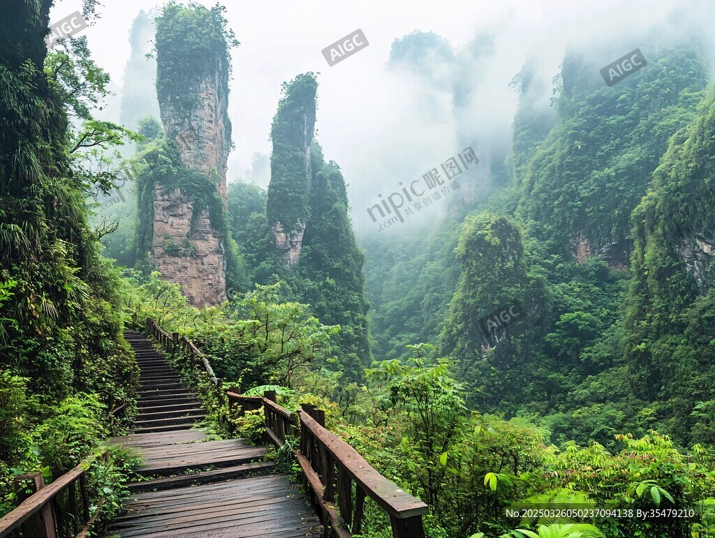 云霧繚繞的山間木質棧道