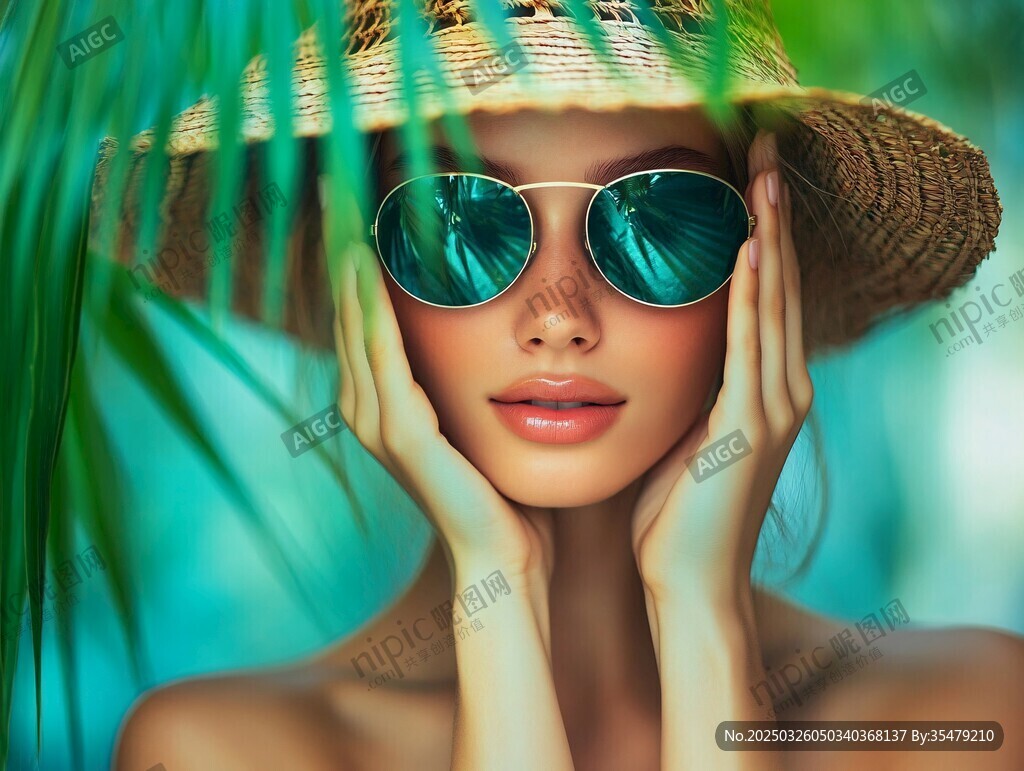 夏日遮陽帽墨鏡時尚美女