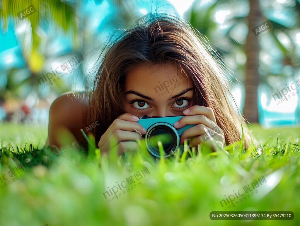 草地上的女孩專注拍照