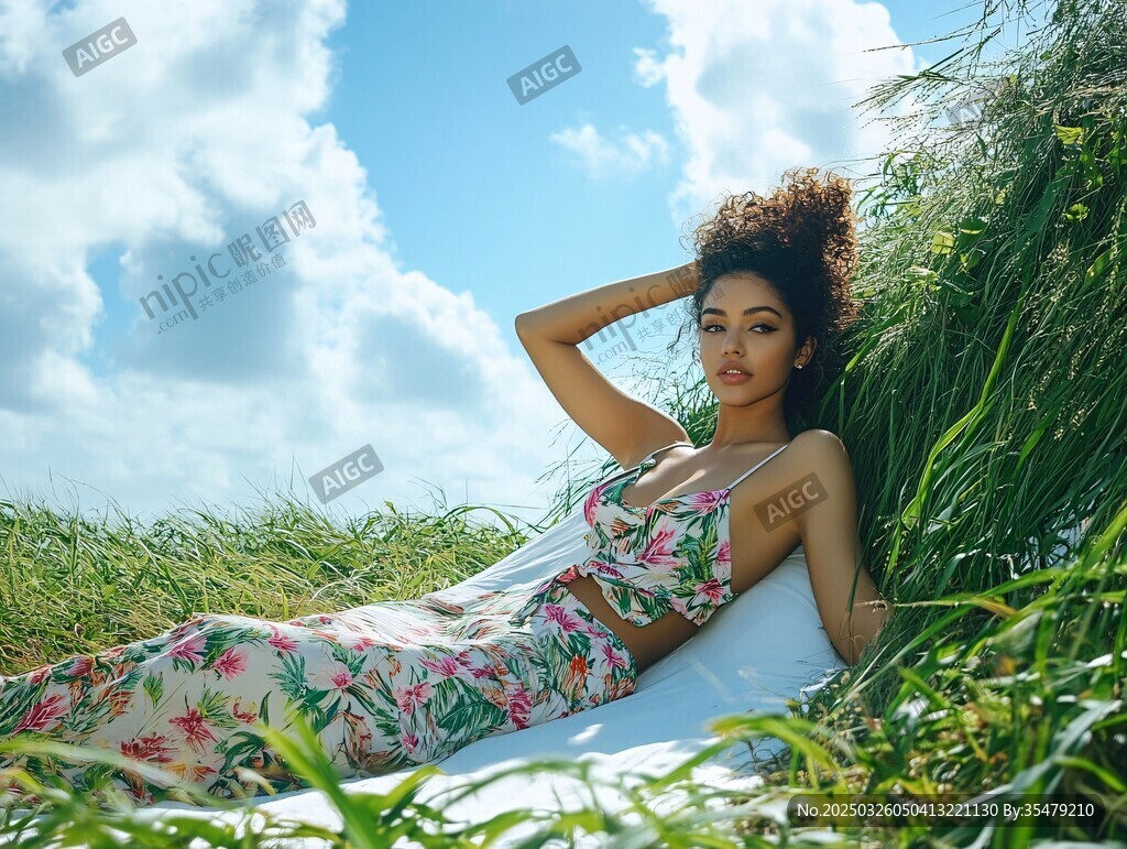 草地上的花裙女子