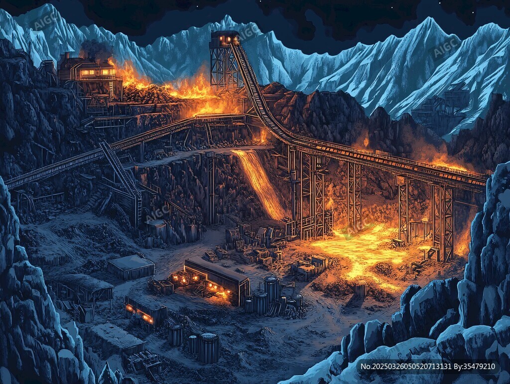 雪山下的熾熱工業(yè)采礦場景