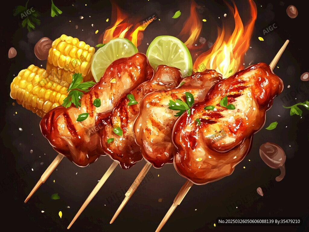 火焰烤雞肉串與玉米