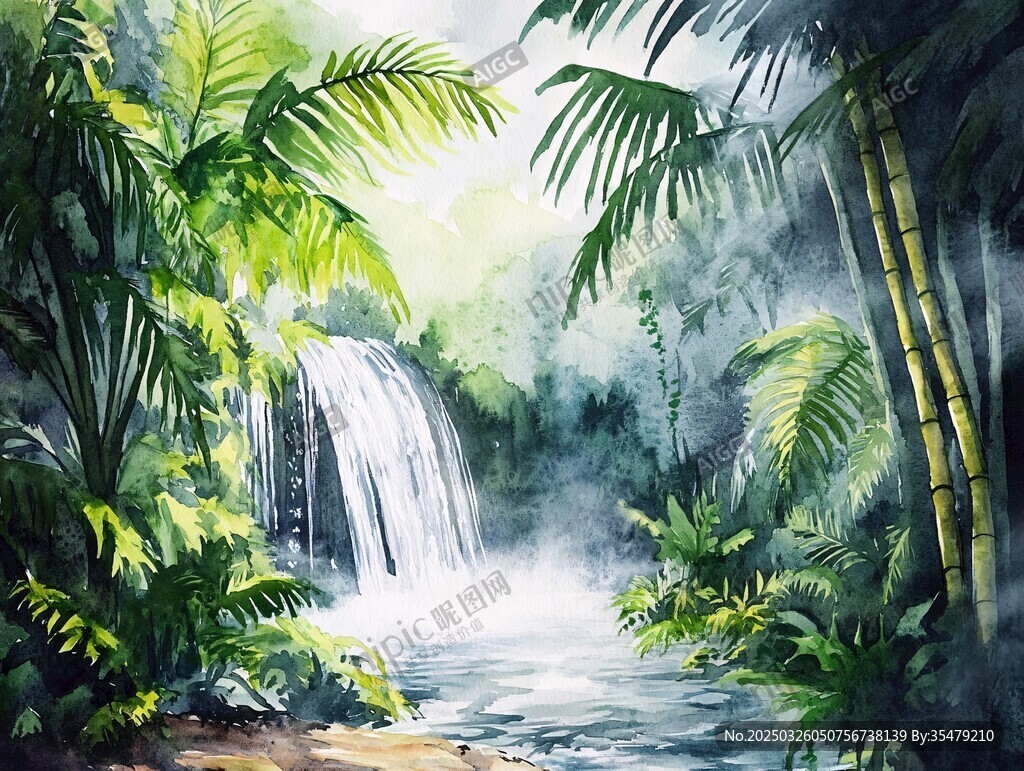 雨林瀑布自然風(fēng)光繪畫