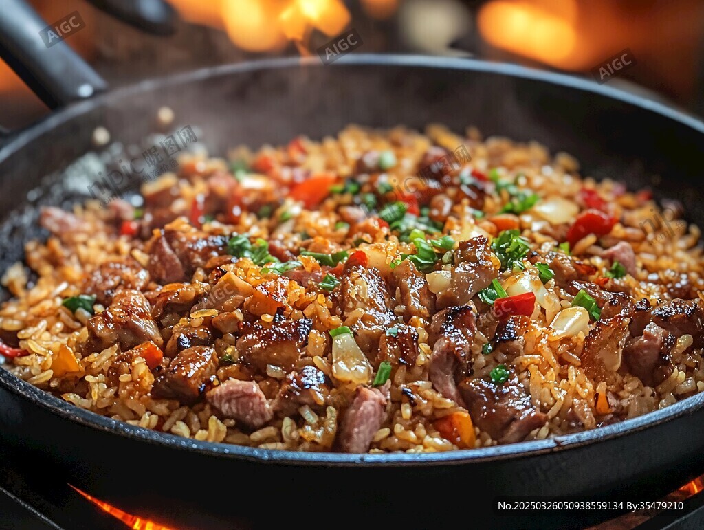 美味牛肉炒飯鍋中烹制