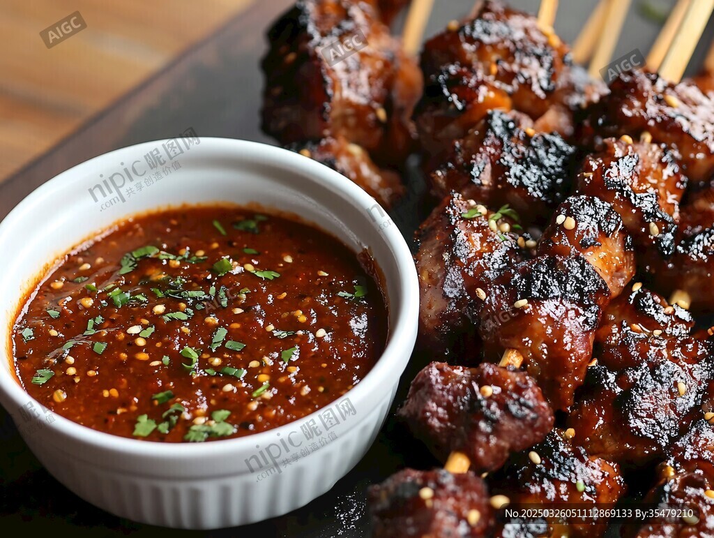 美味烤肉串配特色蘸醬