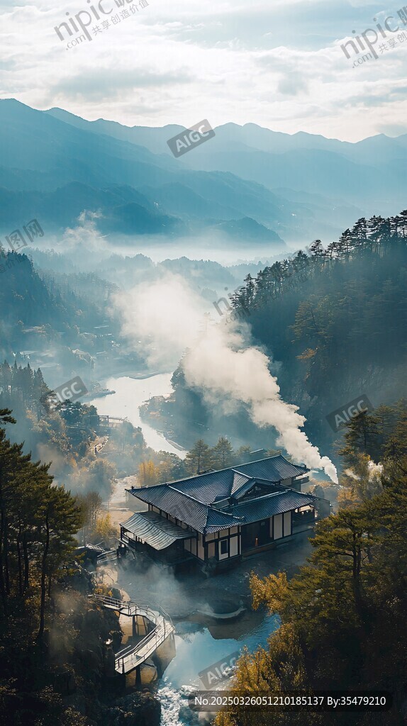山間古宅隱于云霧仙境