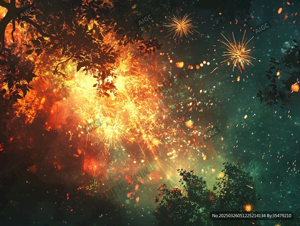夜空中絢爛的煙火與樹(shù)影