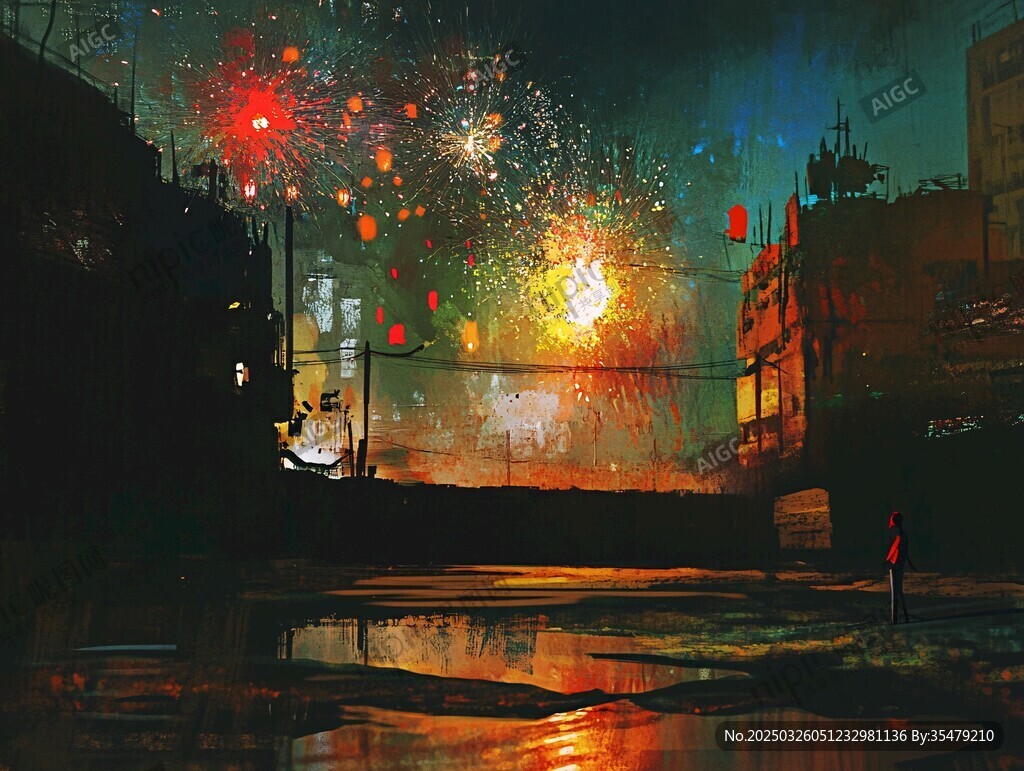 城市夜空絢爛煙花場(chǎng)景