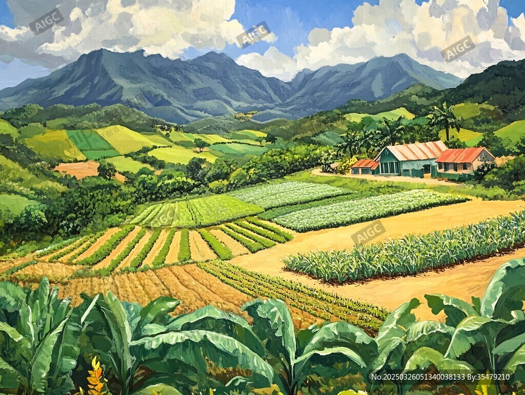 田園風光中的農(nóng)舍與青山