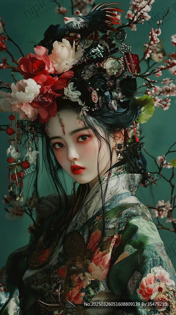 古風佳人 繁花滿頭