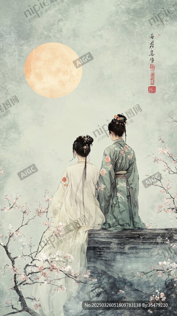 月下古裝情侶倚坐賞景