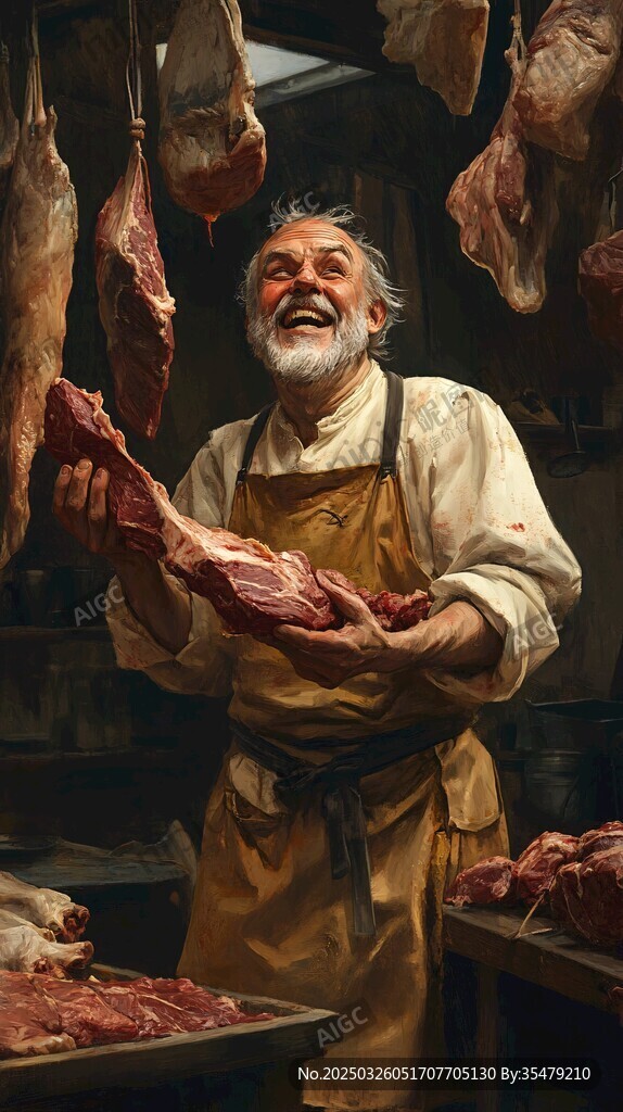 老屠夫展示新鮮大塊牛肉
