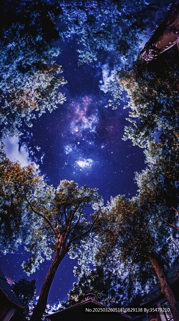 仰望星空下的繁茂樹林