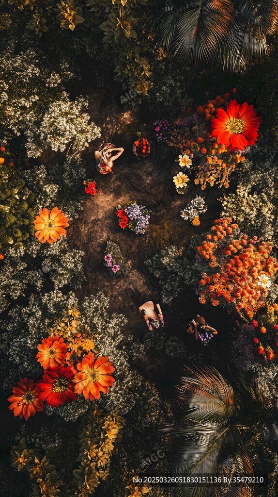 空中俯瞰繁花中的休閑人群