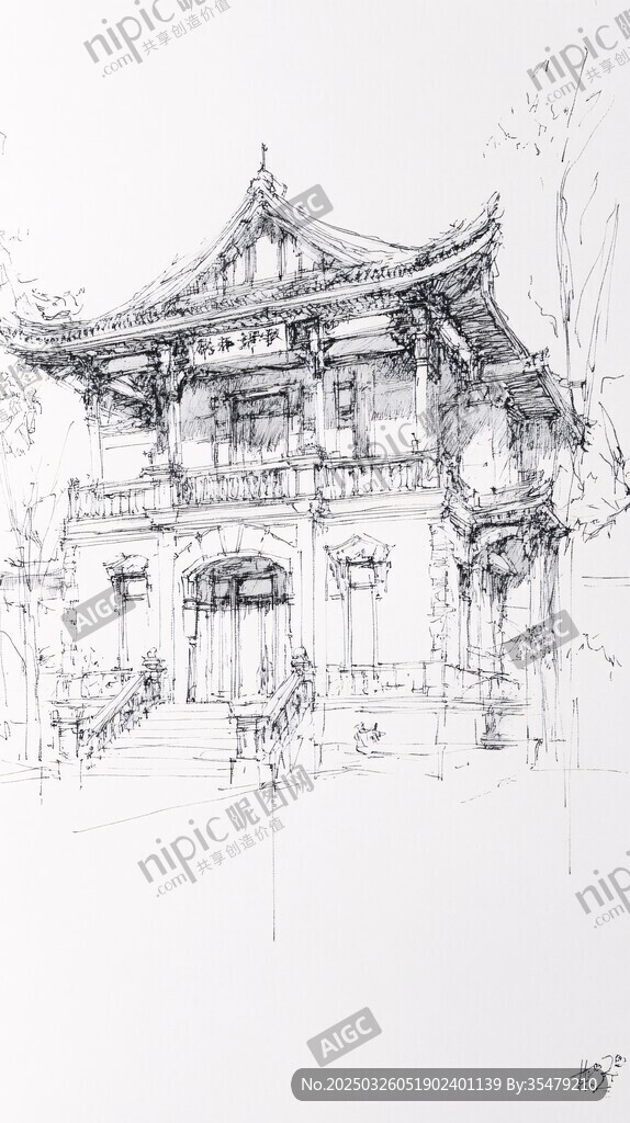 中式古建筑手繪圖稿