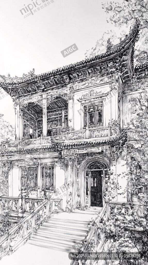 中式古建黑白線描圖