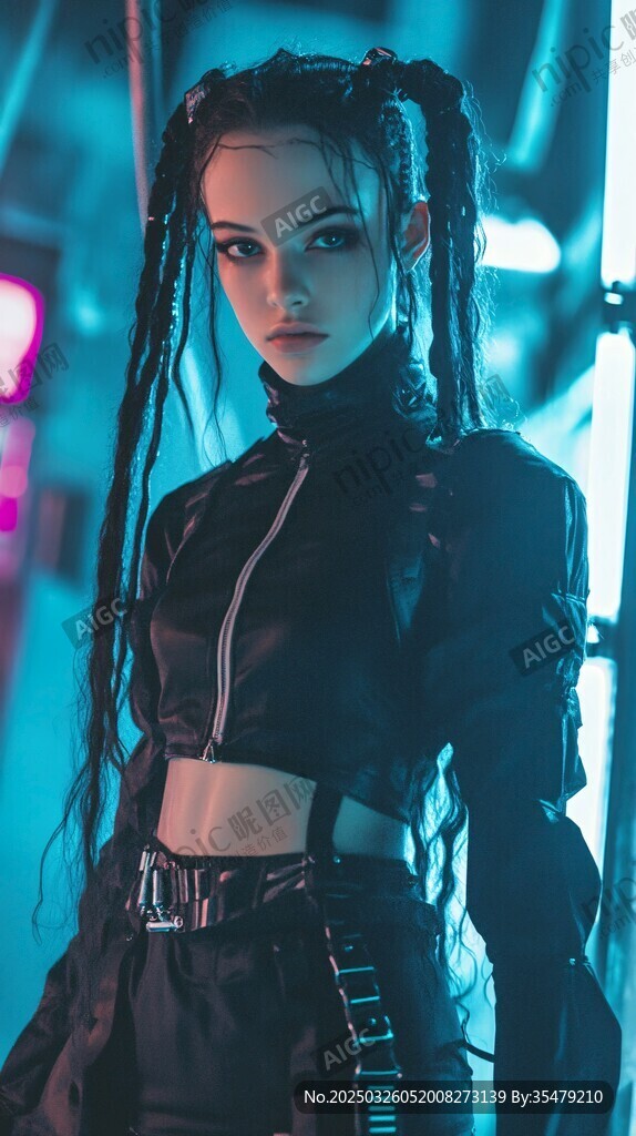未來感酷颯雙麻花辮黑衣少女