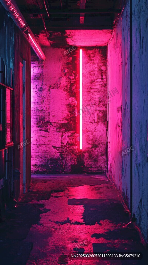 霓虹映照下的廢棄幽暗走廊